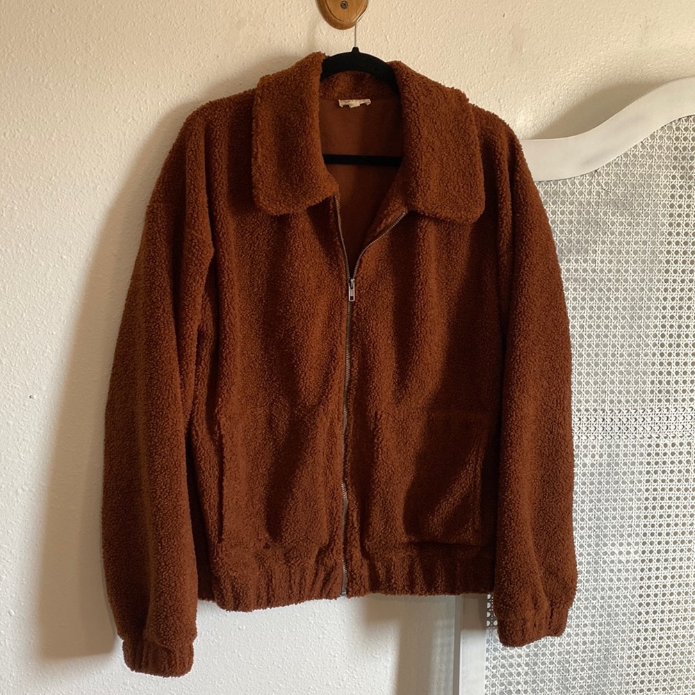 Hem & thread brown teddy zip up jacket with pockets